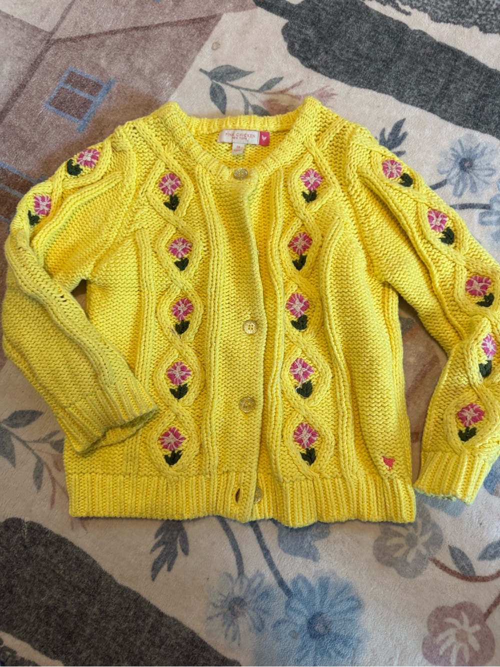Pink Chicken Yellow Knit Cardigan with Pink Floral Embroidery
